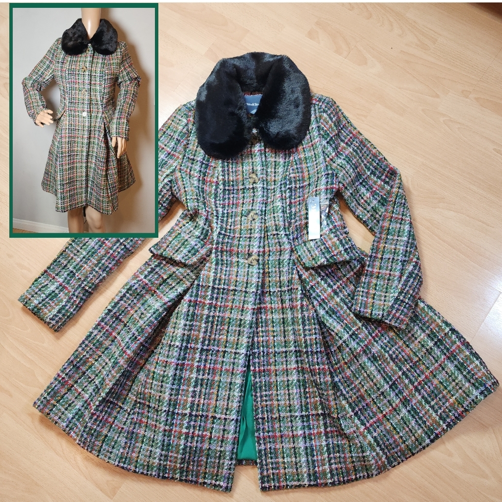 NWT Modcloth Multi Colored Tweed Flare Coat Removable Faux Fur Collar Small